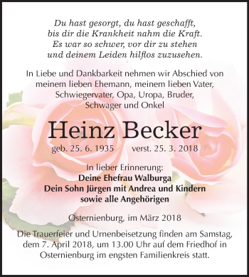 Traueranzeige von Heinz Becker von Mitteldeutsche Zeitung Köthen