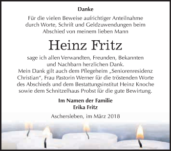 Traueranzeige von Heinz Fritz von Super Sonntag Aschersleben