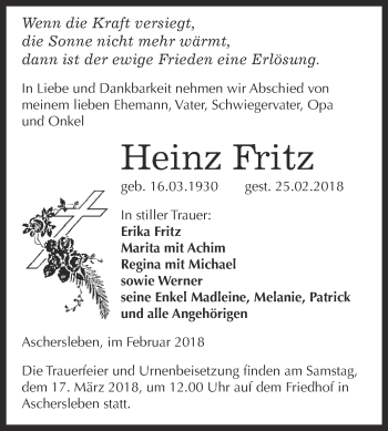 Traueranzeige von Heinz Fritz von Super Sonntag Aschersleben