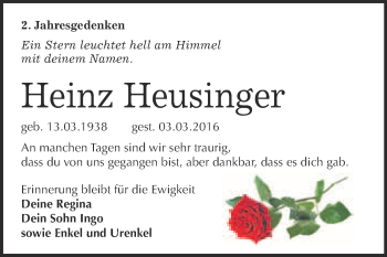 Traueranzeige von Heinz Heusinger von WVG - Wochenspiegel Wittenberg
