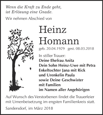 Traueranzeige von Heinz Homann von WVG - Wochenspiegel Bitterfeld