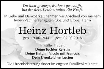 Traueranzeige von Heinz Hortleb von WVG - Wochenspiegel NMB / WSF / ZTZ