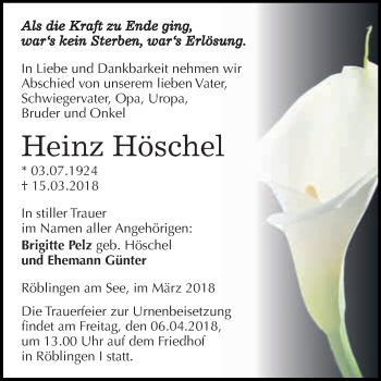 Traueranzeige von Heinz Höschel von Super Sonntag SGH Mansf. Land