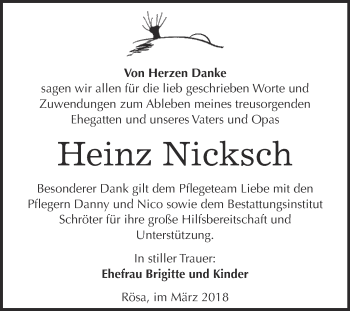 Traueranzeige von Heinz Nicksch von WVG - Wochenspiegel Bitterfeld
