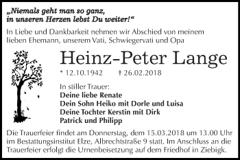 Traueranzeige von Heinz-Peter Lange von WVG - Wochenspiegel Dessau / Köthen