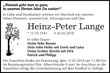Traueranzeige von Heinz-Peter Lange von Mitteldeutsche Zeitung Dessau-Roßlau