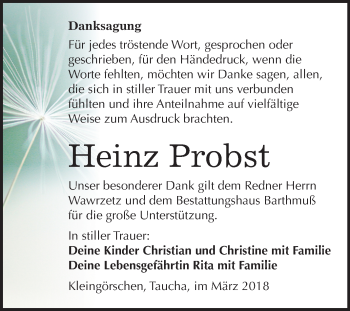 Traueranzeige von Heinz Probst von Mitteldeutsche Zeitung Weißenfels