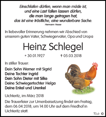 Traueranzeige von Heinz Schlegel von Mitteldeutsche Zeitung Weißenfels