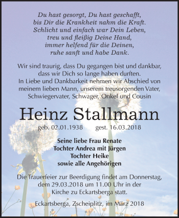 Traueranzeige von Heinz Stallmann von Mitteldeutsche Zeitung