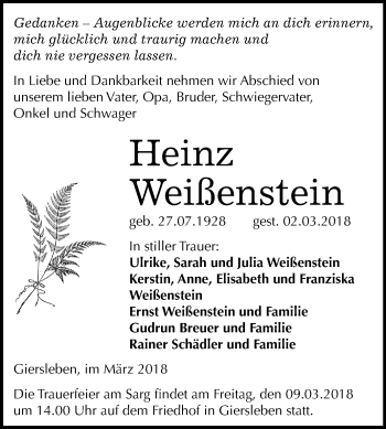 Traueranzeige von Heinz Weißenstein von Mitteldeutsche Zeitung Aschersleben