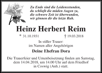 Traueranzeige von Heinz Herbert Reim von WVG - Wochenspiegel Dessau / Köthen