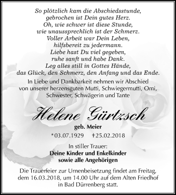 Traueranzeige von Helene Gürtzsch von Mitteldeutsche Zeitung Merseburg/Querfurt