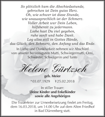 Traueranzeige von Helene Gürtzsch von Super Sonntag Merseburg