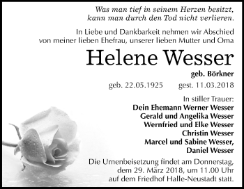 Traueranzeige von Helene Wesser von Mitteldeutsche Zeitung Halle/Saalkreis