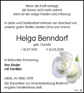 Traueranzeige von Helga Benndorf von WVG - Wochenspiegel NMB / WSF / ZTZ
