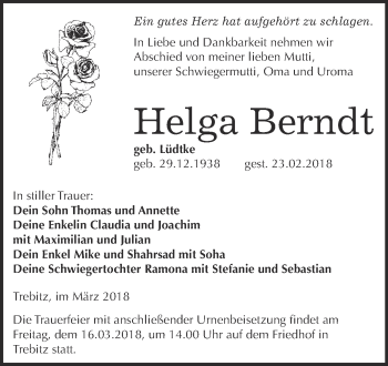 Traueranzeige von Helga Berndt von WVG - Wochenspiegel Wittenberg