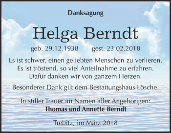 Traueranzeige von Helga Berndt von WVG - Wochenspiegel Wittenberg