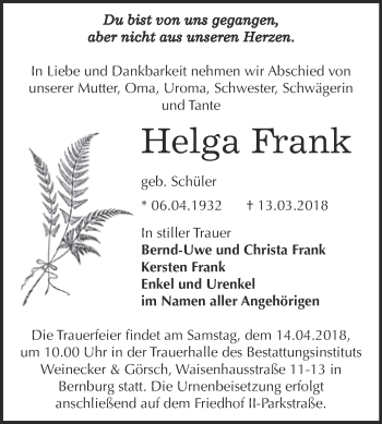 Traueranzeige von Helga Frank von Super Sonntag Bernburg
