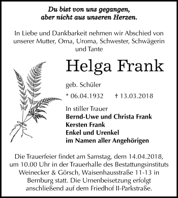 Traueranzeige von Helga Frank von Mitteldeutsche Zeitung Bernburg