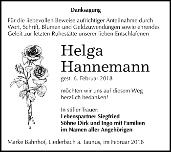 Traueranzeige von Helga Hannemann von Mitteldeutsche Zeitung Bitterfeld