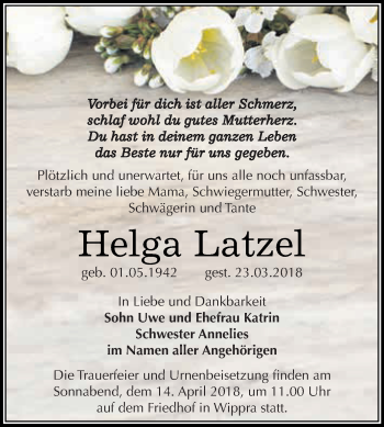 Traueranzeige von Helga Latzel von Super Sonntag SGH Mansf. Land