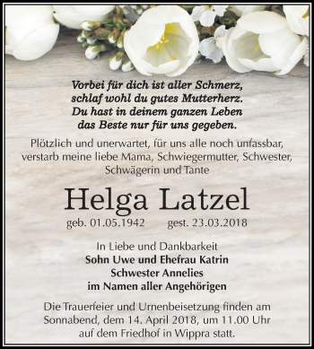 Traueranzeige von Helga Latzel von Mitteldeutsche Zeitung