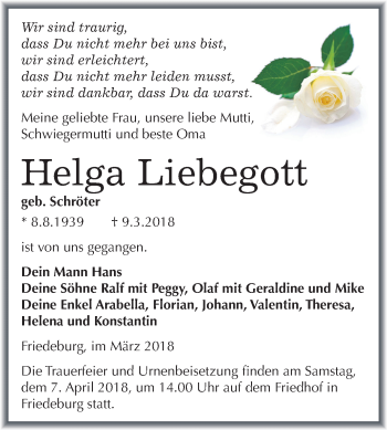Traueranzeige von Helga Liebegott von Mitteldeutsche Zeitung