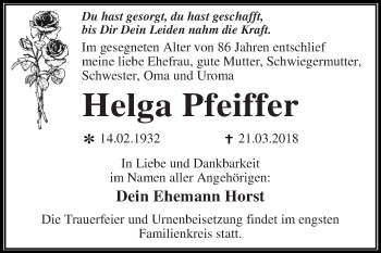Traueranzeige von Helga Pfeiffer von WVG - Wochenspiegel Dessau / Köthen