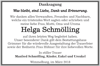 Traueranzeige von Helga Schmölling von Wochenspiegel Mansfelder Land
