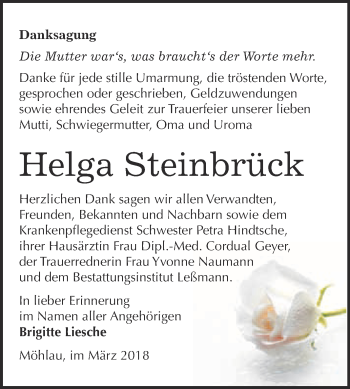 Traueranzeige von Helga Steinbrück von WVG - Wochenspiegel Wittenberg