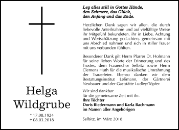 Traueranzeige von Helga Wildgrube von WVG - Wochenspiegel Wittenberg