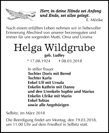 Traueranzeige von Helga Wildgrube von WVG - Wochenspiegel Wittenberg