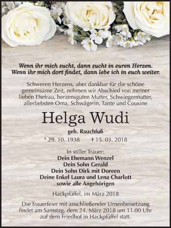 Traueranzeige von Helga Wudi von Mitteldeutsche Zeitung Sangerhausen