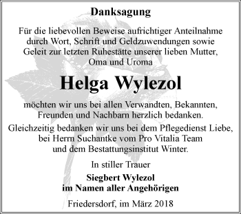 Traueranzeige von Helga Wylezol von Mitteldeutsche Zeitung Bitterfeld