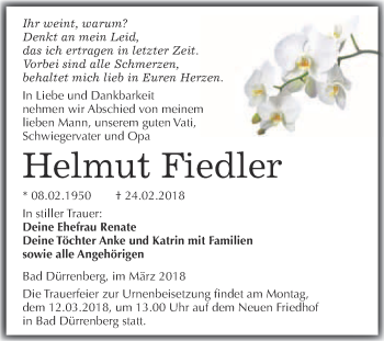 Traueranzeige von Helmut Fiedler von Super Sonntag Merseburg