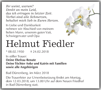 Traueranzeige von Helmut Fiedler von Mitteldeutsche Zeitung Merseburg/Querfurt