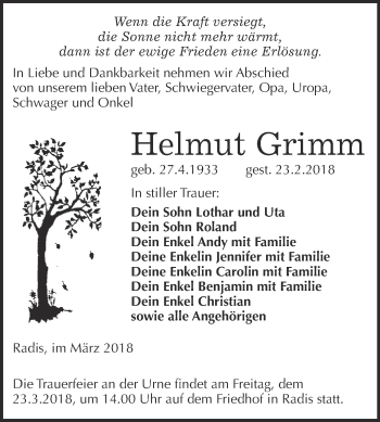 Traueranzeige von Helmut Grimm von WVG - Wochenspiegel Wittenberg