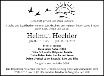 Traueranzeige von Helmut Hechler von Mitteldeutsche Zeitung