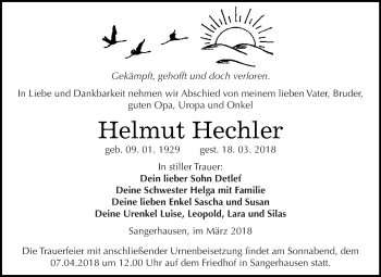 Traueranzeige von Helmut Hechler von Super Sonntag SGH Mansf. Land