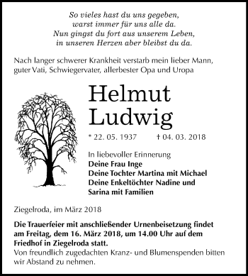 Traueranzeige von Helmut Ludwig von WVG - Wochenspiegel Merseburg