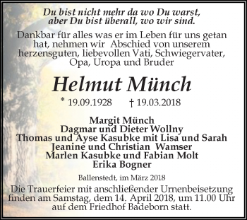Traueranzeige von Helmut Münch von Super Sonntag Aschersleben