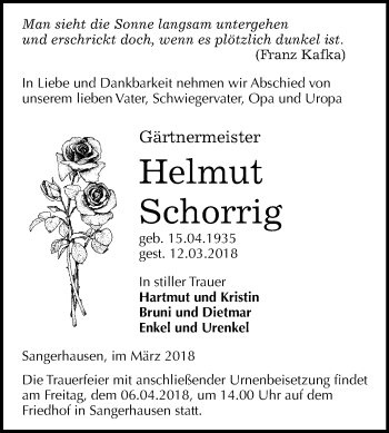 Traueranzeige von Helmut Schorrig von Mitteldeutsche Zeitung Sangerhausen