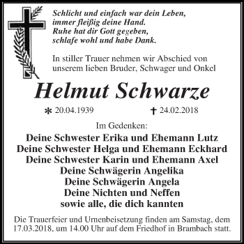 Traueranzeige von Helmut Schwarze von WVG - Wochenspiegel Dessau / Köthen