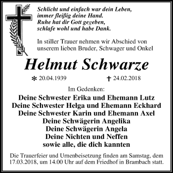 Traueranzeige von Helmut Schwarze von Mitteldeutsche Zeitung Dessau-Roßlau