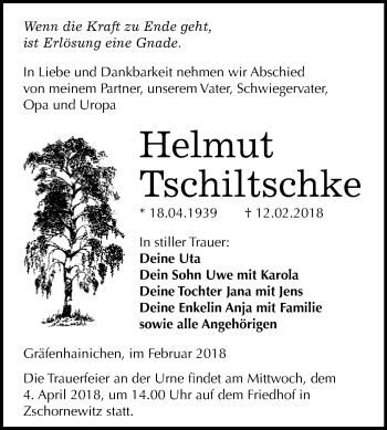 Traueranzeige von Helmut Tschiltschke von WVG - Wochenspiegel Wittenberg