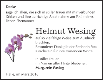 Traueranzeige von Helmut Wesing von Mitteldeutsche Zeitung Halle/Saalkreis