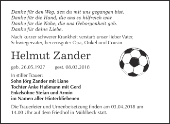 Traueranzeige von Helmut Zander von WVG - Wochenspiegel Bitterfeld