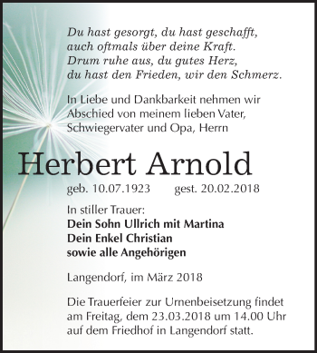 Traueranzeige von Herbert Arnold von Mitteldeutsche Zeitung Weißenfels