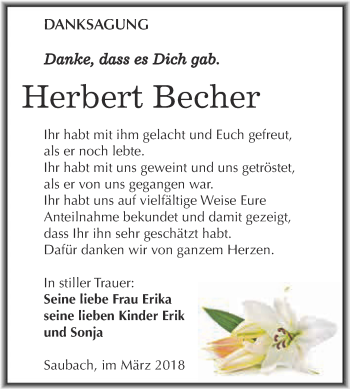 Traueranzeige von Herbert Becher von WVG - Wochenspiegel NMB / WSF / ZTZ