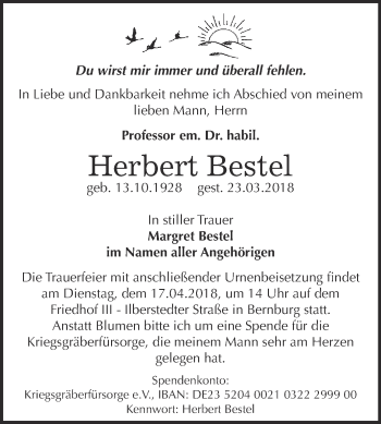 Traueranzeige von Herbert Bestel von Super Sonntag Bernburg